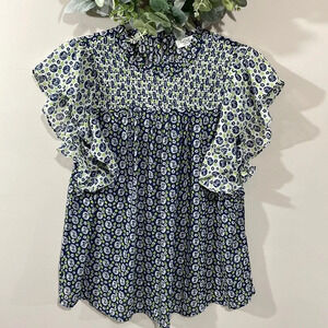 Rachel Zoe Smocked Floral Print Boho Flutter Cap Sleeve Top S
